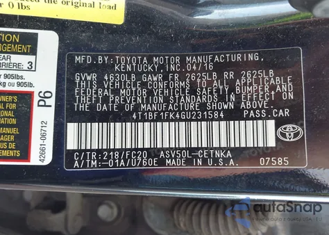 2016 Toyota Camry Le z USA, uszkodzony, nr VIN 4T1BF1FK4GU231584